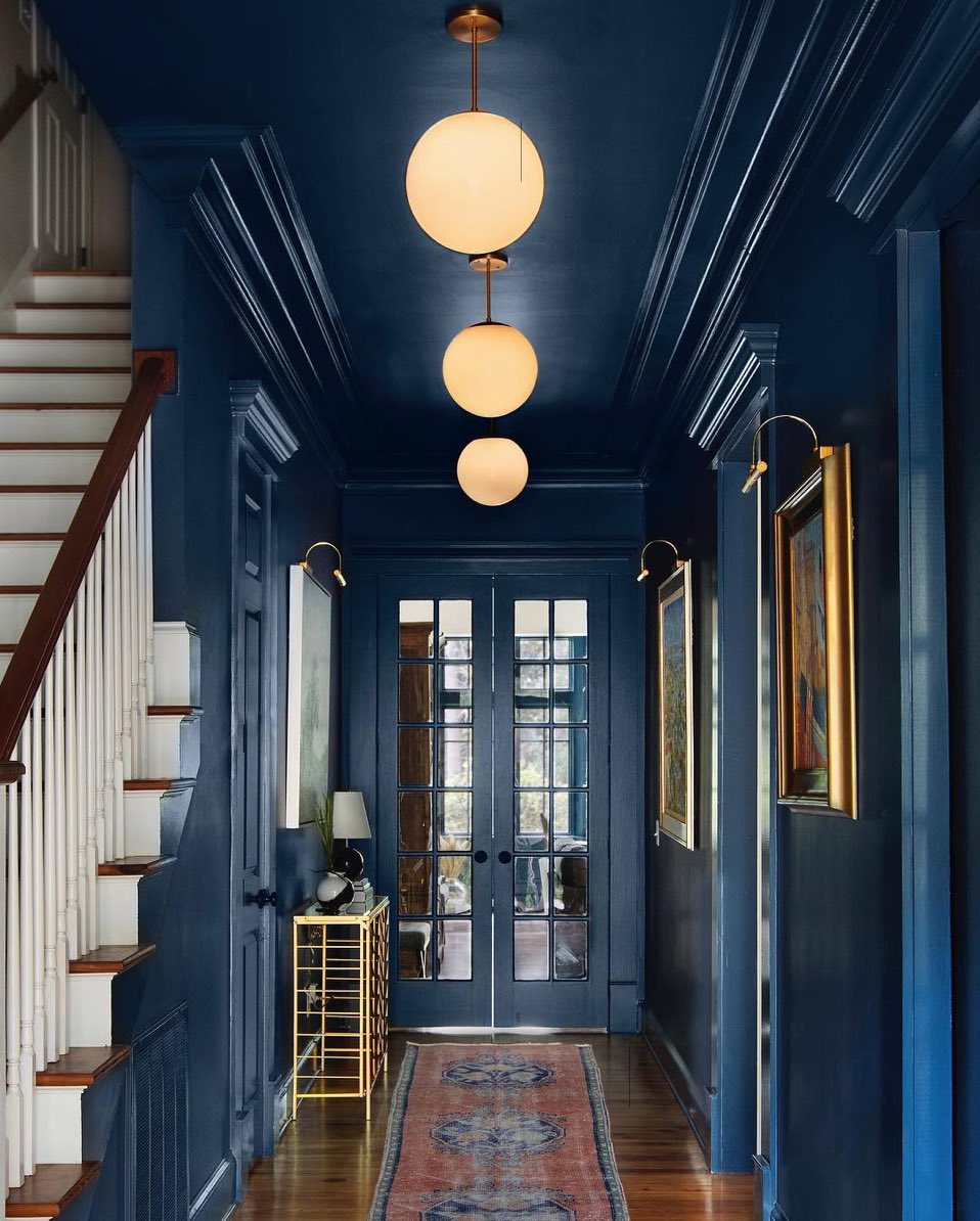 Daring to go dark - I love this gorgeous blue entrance hall designed by The  Guest House Design Studio. What are your opinions on painting the ceiling  the same colour as the, image size:958x1194