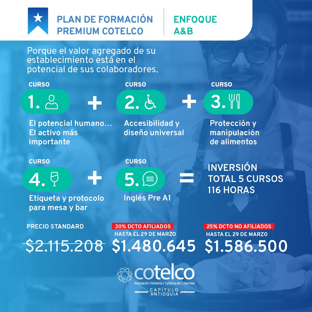 CotelcoAnt's tweet photo. Sé el primero en obtener la certificación Premium Cotelco!! #LogisticaDeEventos y #ManejoDeAyB son los enfoques elegidos para esta nueva etapa de nuestros programas de #Formación. 30%Dto. en valor de inversión antes del 29/marzo. Info: formacion@cotelcoac.org #CreciendoJuntos https://t.co/NHxLsUfrzr
