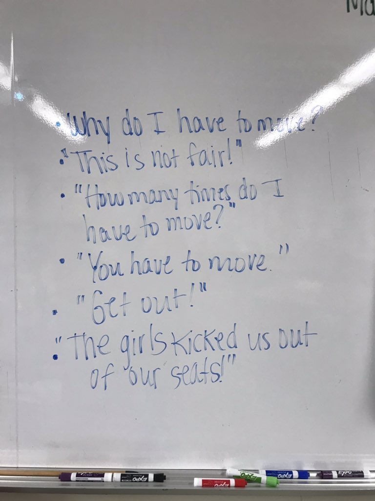MrsGraham_EBMS's tweet photo. Students got to experience what it was like to be “forced out” of their seats by others who were told to do so, just like how the the U.S. government ordered the soldiers to force the Native Americans out of the land during Westward Expansion. These were some  responses heard! https://t.co/WbjkqKA4Ty