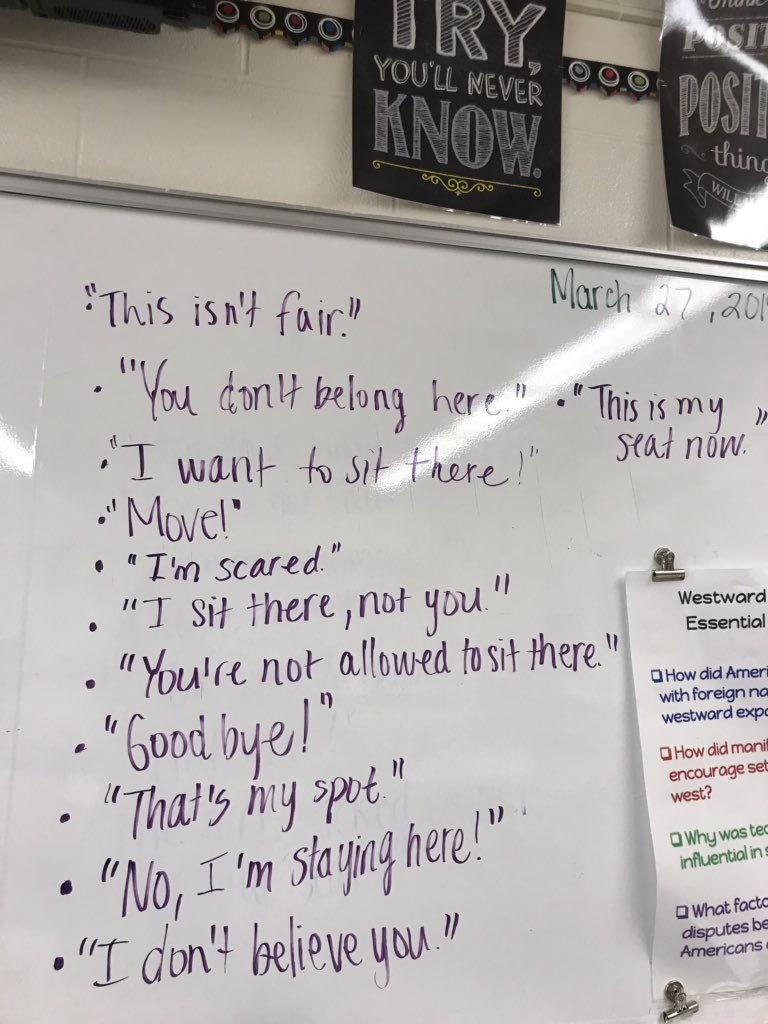 MrsGraham_EBMS's tweet photo. Students got to experience what it was like to be “forced out” of their seats by others who were told to do so, just like how the the U.S. government ordered the soldiers to force the Native Americans out of the land during Westward Expansion. These were some  responses heard! https://t.co/WbjkqKA4Ty