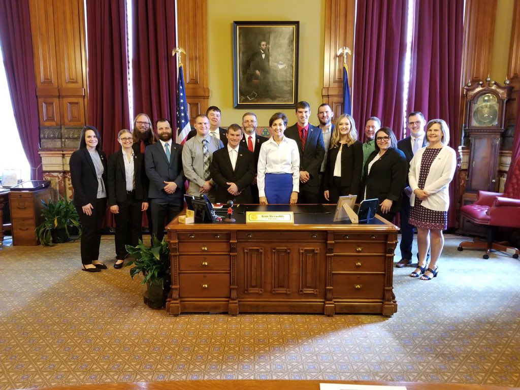 IAGovernor's tweet photo. Meeting with the Iowa Pork Leadership Academy to discuss the need for free and fair trade. As the #1 pork producing state, these Iowans are feeding the country and leading the industry! https://t.co/x6su8ZD4Nu