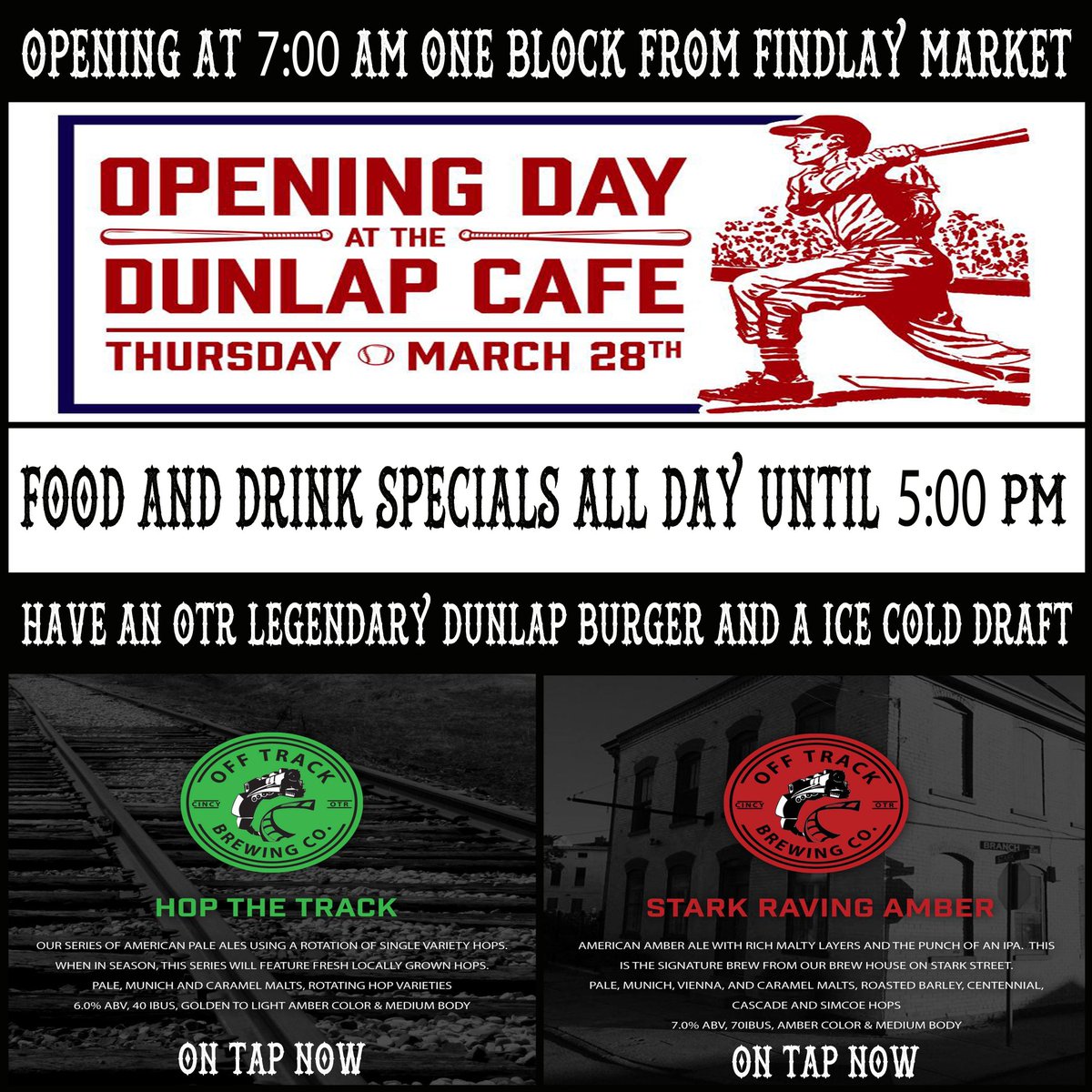 ATTENTION CINCINNATI !
Going Downtown for Opening Day? 
This is definitely a place you should check out.
Great food and 2 featured Off Track Brews 
Handcrafted in The Historical OTR Brewery District.  
#cincinnatibaseball #handcrafted #offtrackbrewingcompany
