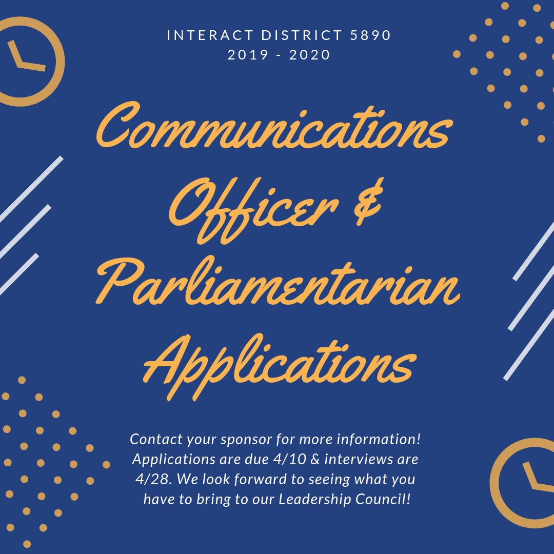 Interact5890's tweet image. The Interact District 5890 2019-2020 Officer Team has opened applications for Parliamentarian &amp;amp; Communications. Please have your Interact Sponsor send all materials to bstaff@cityofelcampo.org by 4/10! We look forward to viewing your application :)

docs.google.com/document/d/1zk…