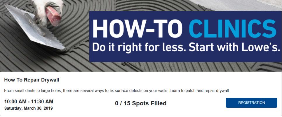 lowe_ct's tweet photo. Need to repair a hole in a wall?  Come in for our latest "How To" clinic, "Repair Drywall" this Saturday!   Stop by the store to signup. #Lowes, #DYI https://t.co/ytb3Umnn4v