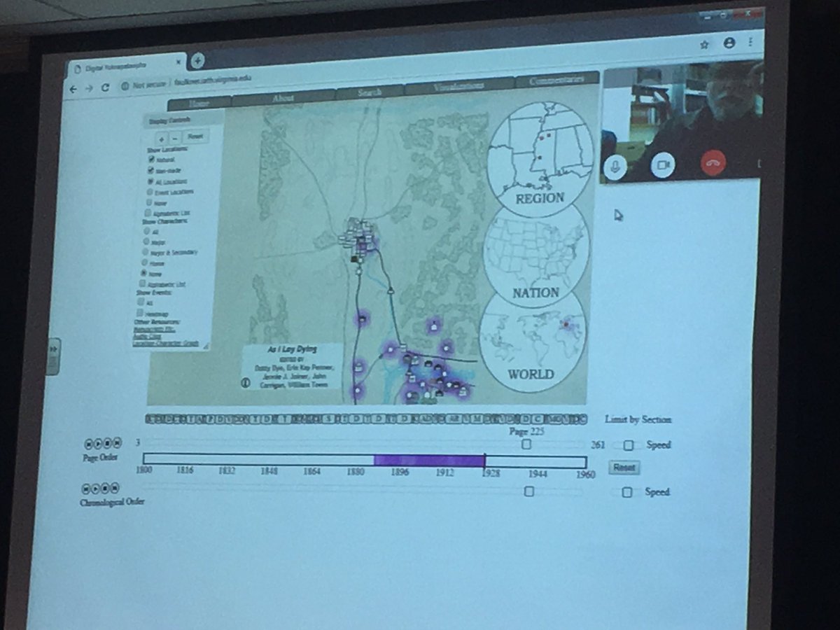 XULA_CCE's tweet photo. Exploring the Digital Yoknapatawpha project. It’s a collaboration between an international team of Faulkner scholars and technologists at @UVA and has been supported with major funding from @NEHgov. @xulacat #XUCCE #DigitalHumanities #DataVisualization https://t.co/V96HEwcbFi https://t.co/EtY8vH5KuH