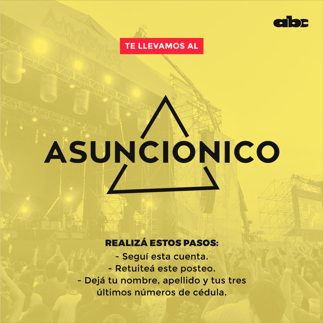 ABCDigital's tweet photo. ♪Ahora nosotros tomamos el control, somos los dueños del pabellón♪

¡Regalamos entradas para el #Asunciónico2019!

Seguí los pasos... ¡y podés llevarte una de las entradas que tenemos!

Son: 

📌 3 entradas para generales.
📌 2 entradas para VIP.

¡Tenés tiempo hasta las 20:30! https://t.co/Agq3lWRmWO
