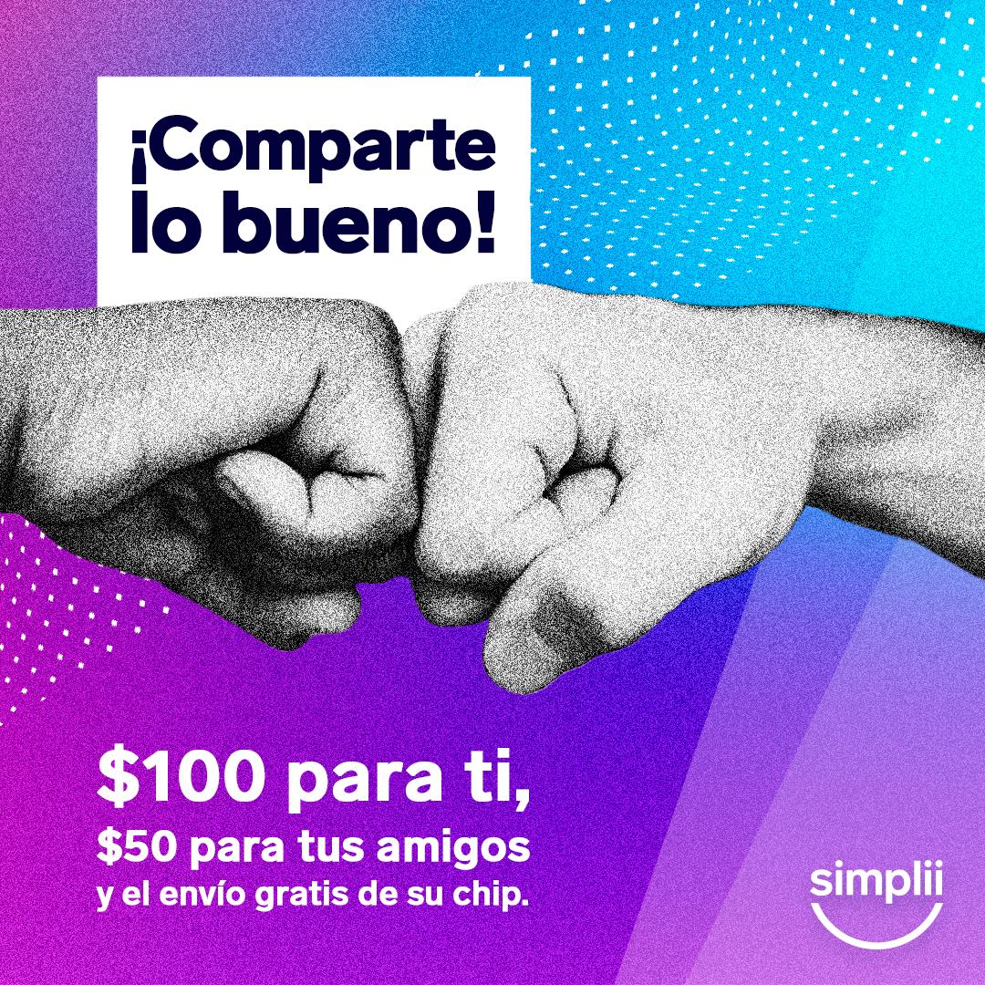 simpliimx's tweet photo. Para que tus amigos tengan $50 de saldo y el envío gratis de su chip sólo necesitan tu código. Ese código es tu número, así de #Simplii. 🤜✨🤛 https://t.co/DfAG1o5pG9