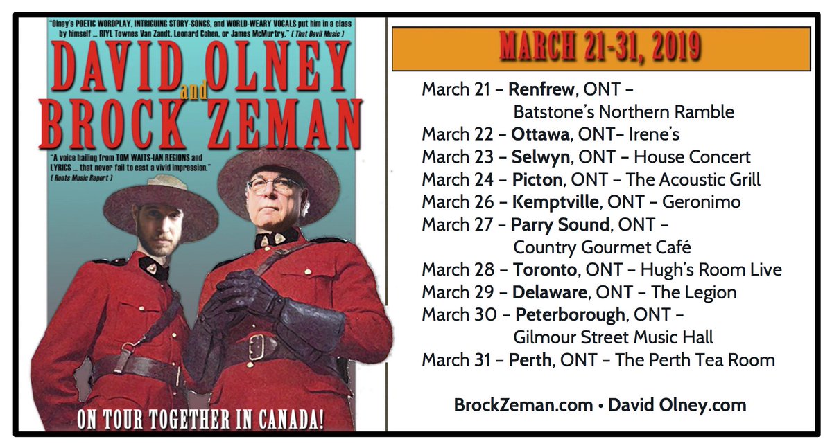 #OnTour in #Canada through April 1st! This week: Parry Sound, Ont. • <a href="/HughsRoomLive/">HUGH'S ROOM LIVE</a> TORONTO, Ont. • Delaware, Ont. • Peterborough, Ont. • and, Perth, Ont. Details at DavidOlney.com
#YouNeverKnow #DavidOlney #BrockZeman #ThisSideOrTheOther #LiveMusic