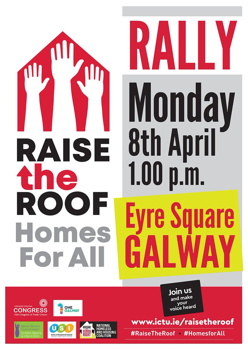 _HousingCrisis's tweet photo. The next #RaiseTheRoof National Rally in Dublin has been moved to Sat 18 May, 1pm, Parnell Square. #May18th #HomesForAll 

Galway #RaiseTheRoof Rally is on Mon #April8th 1pm Eyre Square. #Right2Housing https://t.co/WA0bwVymRK