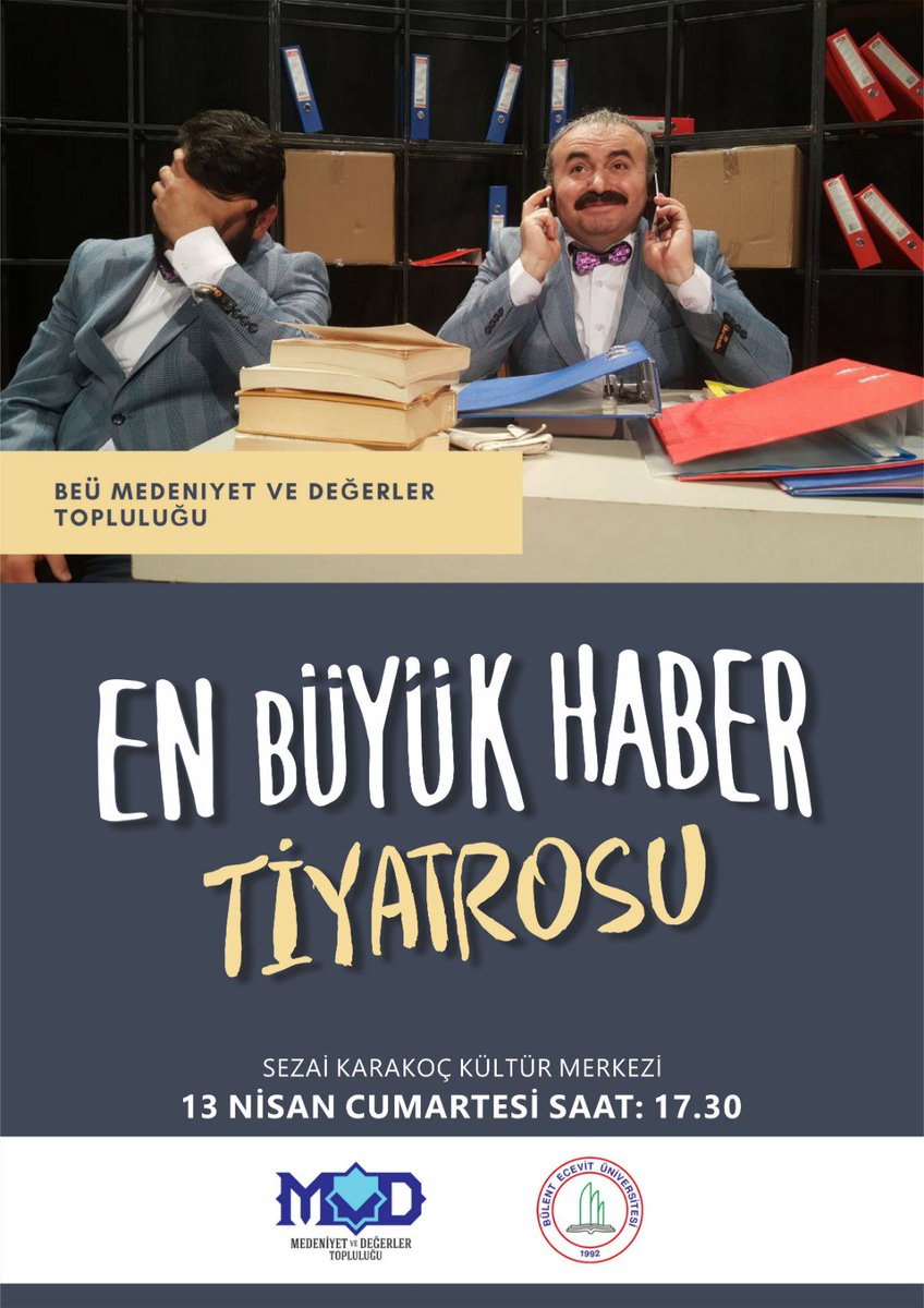 En Büyük Haber

Sa arkadaşlar, 

13 Nisan Cumartesi Saat 17:30'da Sezai Karakoç Kültür Merkezi'nde En Büyük Haber isimli tiyatro oyunumuz olacaktır.
 Tiyatro Külliyen bizlerle, 
13 Nisan'a kadar sağlıcakla kalın efenim. 🌷

Tiyatronun fragmanı :
youtu.be/aFUQjjSgfrs