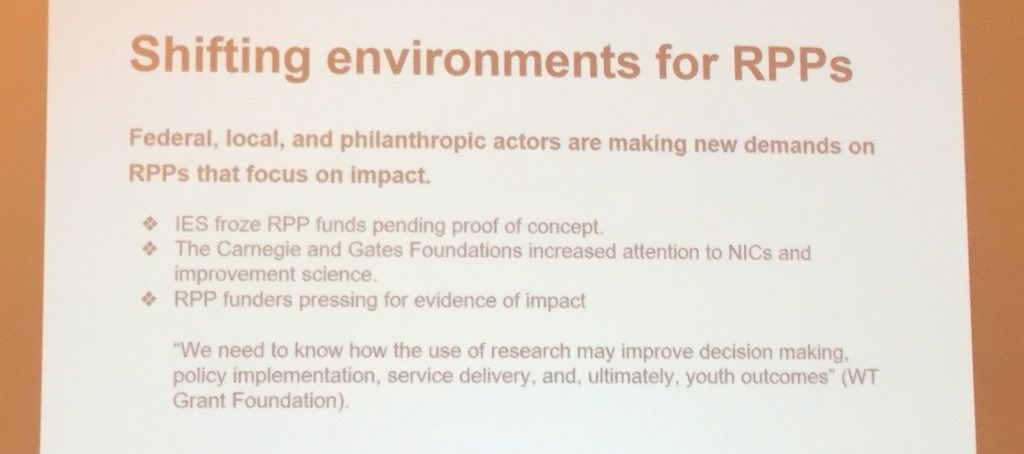 agamoran's tweet image. Josh Glazer @gwGSEHD notes shifting environment for RPPs, more pressure to assess impact; says we need to ask how school districts learn and what research can contribute. Interesting coda: how does variation in district capacity and needs bear on the design of RPPs? #transformURE