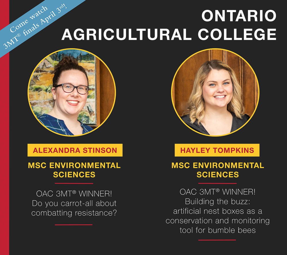 uofgGradStudies's tweet photo. Watch the @UofGuelphOAC #3MT winners compete with the other colleges at the campus finals on April 3rd in UC442 from 1pm -4pm.
Will OAC win again this year? 🏆
More info: https://t.co/aNBWwkWOtx https://t.co/coRn7hgQ0E