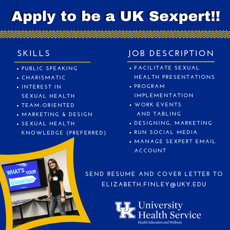 UHSPaws's tweet photo. Apply to join the @UKSexperts! Gain valuable experience in health education and develop leadership, marketing, and presentation skills along the way. If you have a passion for sexual health, we want you to apply! π¦π¦ππ #SaferIsSweeter #SexualHealth #PeerHealthEducator https://t.co/QLlVKTH13u