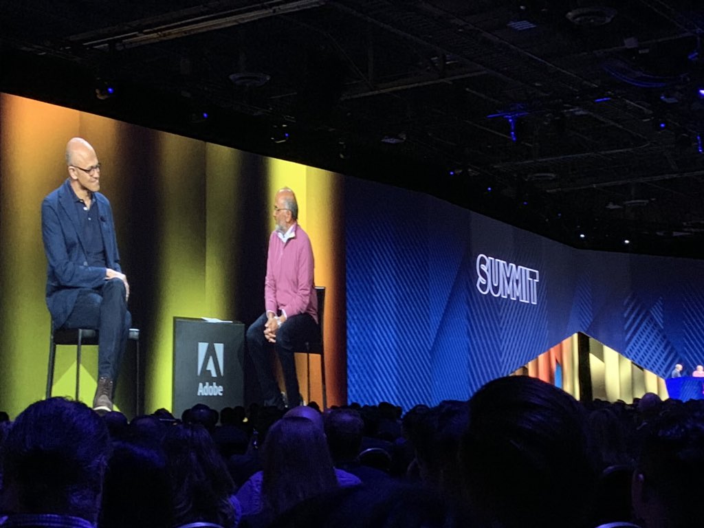 General session at the #AdobeSummit2019 hugely inspiring discussion between Satya Nadella and Shantanu Narayen.