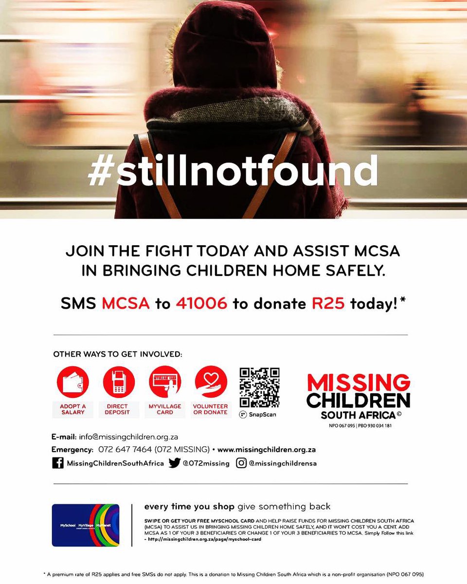 072MISSING's tweet photo. #MCSA
#stillnotfound
#LeJeandreDeBruyn
#October2014
Please #repost and #share wherever you can, and join the fight to #bringchildrenhomesafely - thank you.
We must #nevergiveup trying to find our #missingchildren!
#JoinTheFight by simply texting MCSA to 41006, to donate R25 https://t.co/7ko5tUqCra