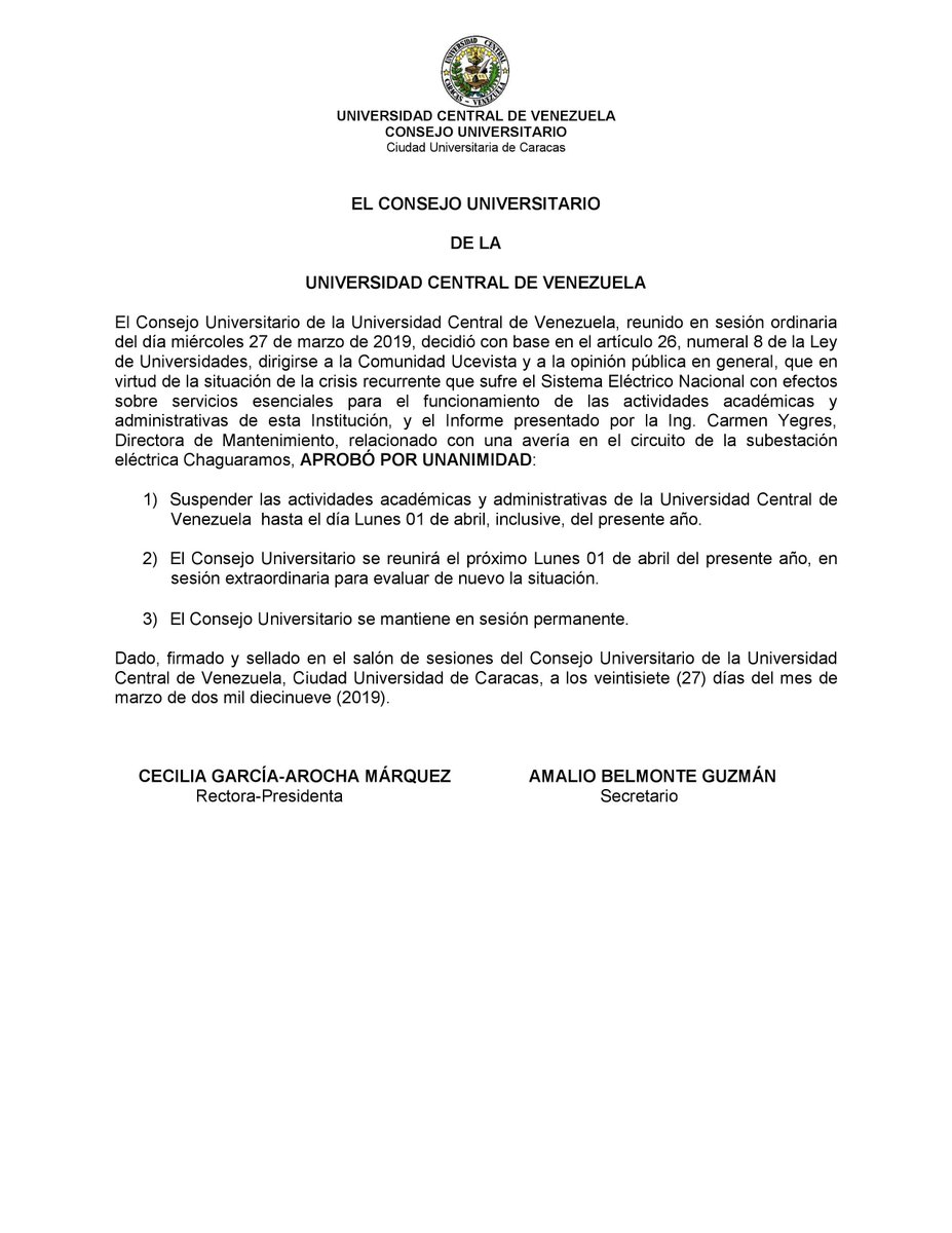 CUUCV_oficial's tweet photo. El Consejo Universitario de la Universidad Central de Venezuela en la sesión ordinaria del día miércoles 27-03-2019, aprobó por unanimidad comunicado de suspensión de actividades académicas y administrativas en la UCV https://t.co/qJwFH9kYEY