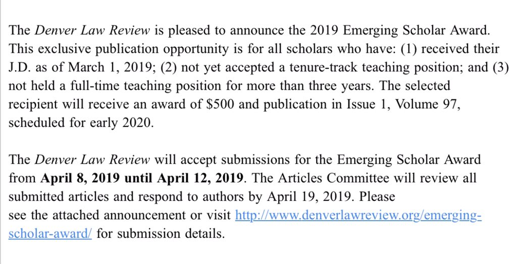 What a terrific publishing opportunity from the Denver Law Review. denverlawreview.org/emerging-schol… #NPOC19 #lawtwitter #lawschool #legalscholarship #PhDChat #PhD #PhDAdvice #AcademicTwitter #JD #LLM #SJD #lawstudents