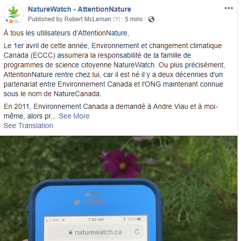 AttnNatureWatch's tweet photo. Pour tous les utilisateurs de AttentionNature, veuillez consulter notre page Facebook pour un avis important concernant les modifications apportées à la gestion du programme AttentionNature. https://t.co/rdk4uHYTr0