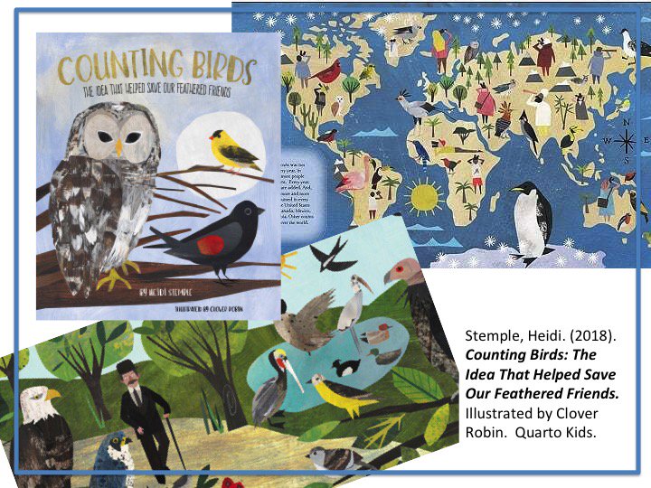 Loving this book - check out McBookwords' review @ bit.ly/countingbirds-…
Stemple, Heidi. (2018). Counting Birds: The Idea That Helped Save Our Feathered Friends. Illustrated by Clover Robin.  Quarto Kids.  <a href="/cloverrobin/">clover robin</a> @heidieys <a href="/QuartoKids/">Quarto Kids</a>
