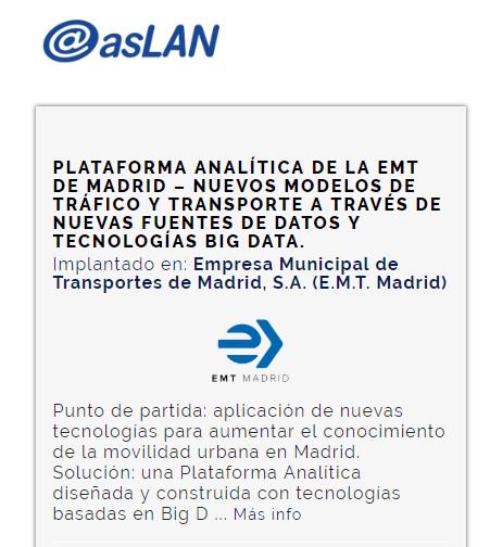 EMTmadrid's tweet photo. Por nuestro proyecto sobre "Nuevos modelos de tráfico y transporte a través de nuevas fuentes de datos y #BigData2 📲🚌, EMT es finalista a los Premios #ASLAN2019 de @aslan_es . Entra y vota 🗳  https://t.co/vzI8cDLM2G https://t.co/VgkRJfjpWm