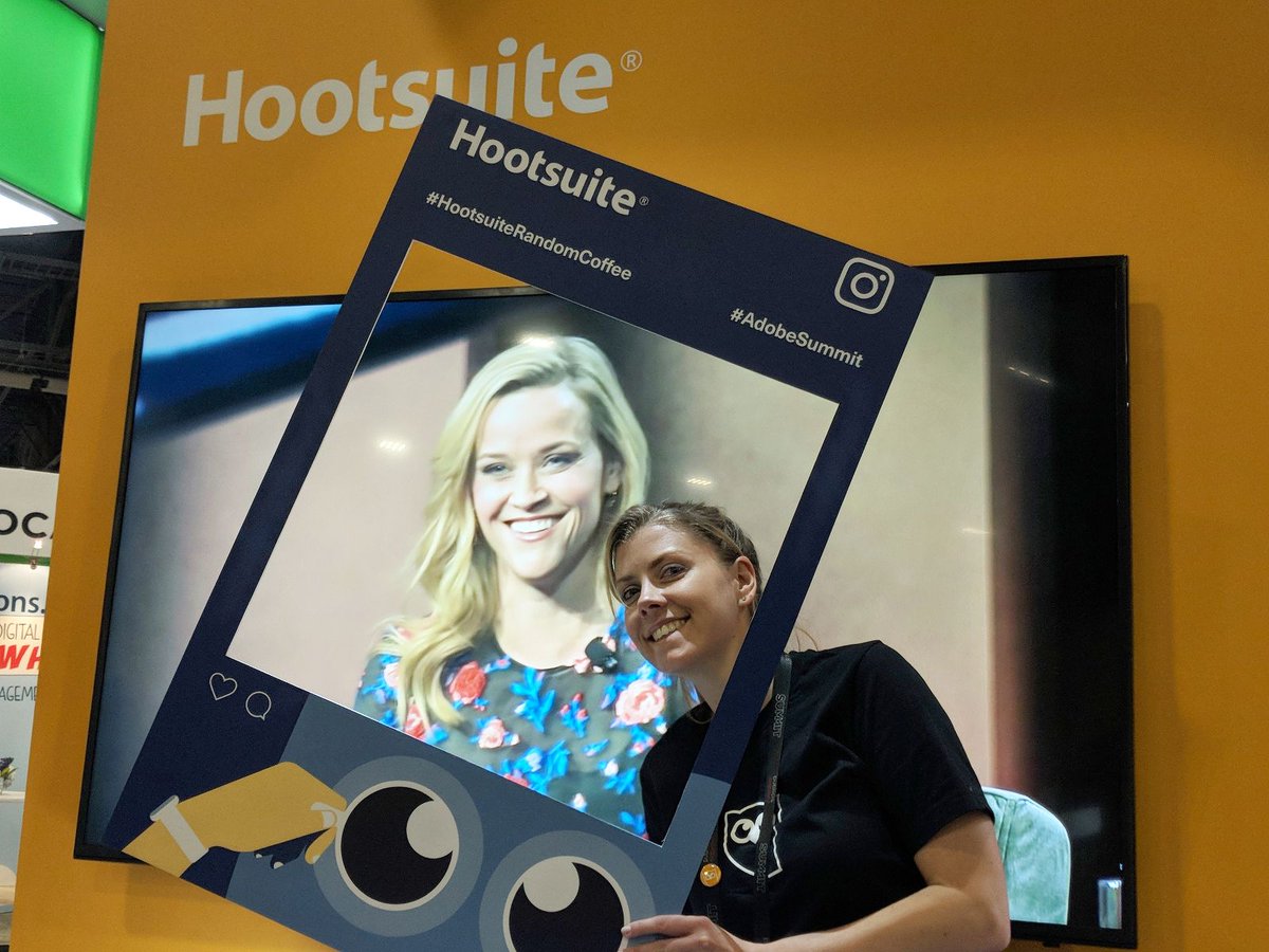 HootBusiness's tweet photo. Will our dream #HootsuiteRandomCoffee match with @RWitherspoon come true today? Reese, we hope you will walk the line towards our booth (#845) at #AdobeSummit! 👋 https://t.co/fnhr0wBLnw