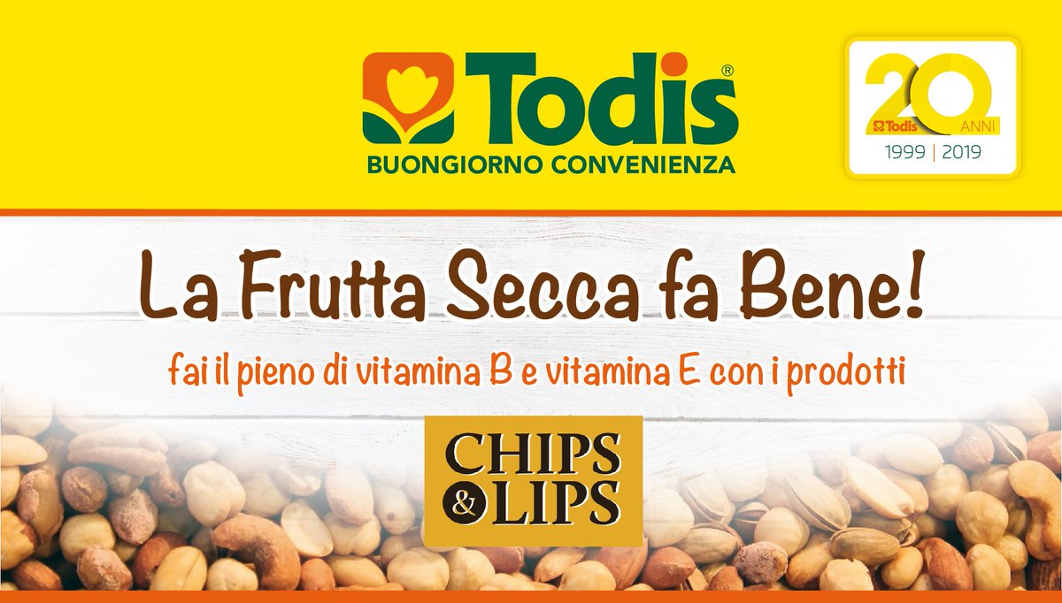 TodisBuongConv's tweet photo. Lo sapevi che...la #fruttasecca contiene tante vitamine che esercitano un effetto positivo sull'organismo. Una #dieta ben bilanciata ne include almeno 30 gr al giorno, per 5 volte alla settimana. Scopri i prodotti Chips&amp;Lips in promozione sul volantino 👉🏻 https://t.co/zYx4tsBdKO https://t.co/ftXLsl574F