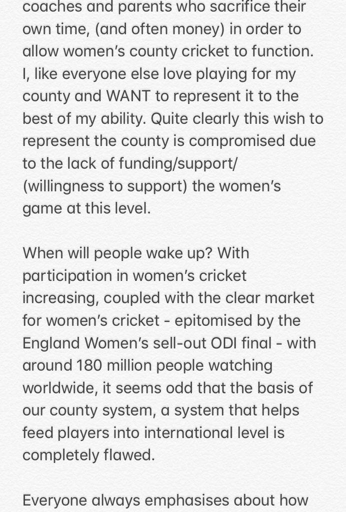 CassieCoombes98's tweet photo. Following on from @TheCricketerMag article on the state of women’s county cricket, I thought I’d share my own experiences. We’re not asking for the world, just the BASICS🏏 https://t.co/Qf7qvJNbCh