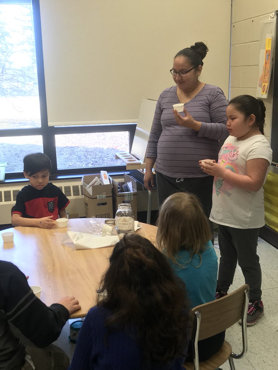 RobartsSchool's tweet photo. Mother and daughter presentation on wahta oshes and making maple syrup by their Oneida family.  We all sampled the wahta oshes which is sap mixed in water.  It is delicious! https://t.co/yXSTvRNlky