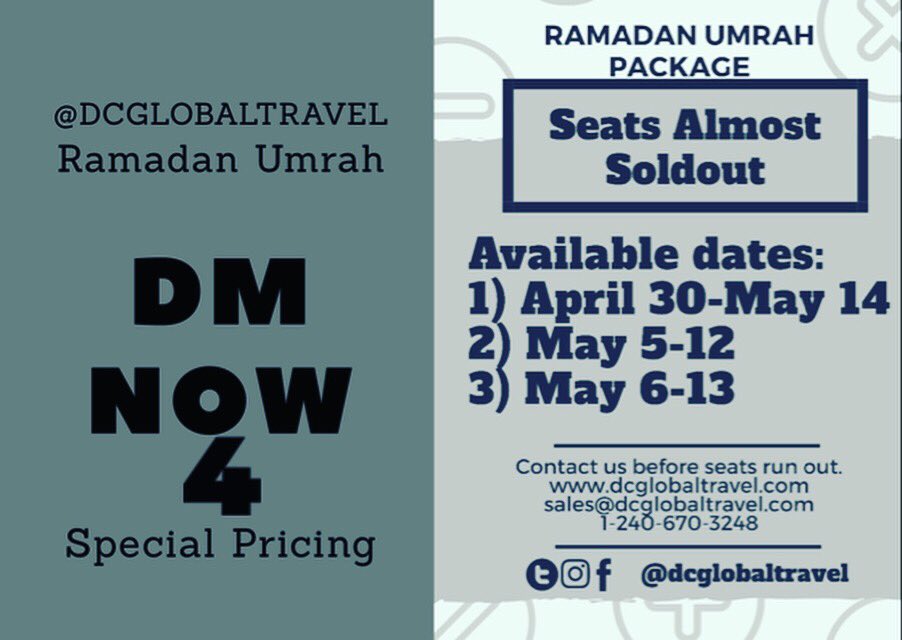 DcGlobalTravel's tweet photo. DM now to grab one of few remaining seats. Special pricing may apply. #dcglobaltravel #umrahdcglobaltravel #ksa #ramadanumrah #ramadanumrah2019 #ramadanumrah1440 #madinah #makkah #mina #muzdalifah #arafat #masjidquba #uhud #jabaluhud #mountuhud #Family #Ramadan #Fasting #Sahoor https://t.co/2VzITpdD9R
