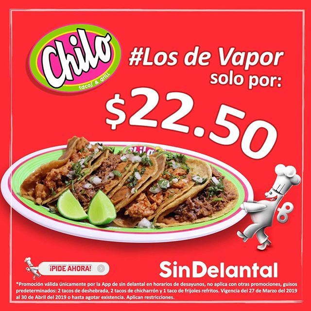 TacosChilo's tweet photo. Prueba nuestros nuevos y deliciosos tacos #losdevapor a precio especial de $22.50 solo por la app de @sindelantal *consulta términos y condiciones en la app https://t.co/eY9MPtqtRO https://t.co/atAfJ2qjhx
