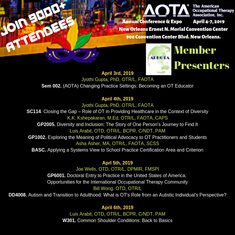 asian_ot's tweet photo. View list of APHOTA members presenting/ co-presenting at the 2019- AOTA Annual Conference & Expo. #AOTA #Occupationaltherapy #AsianOT #APHOTA @BillWongOT @llouieotr @DrHiralKhatri @AOTAInc @MTiltonOTA https://t.co/wxEeM8ctTH