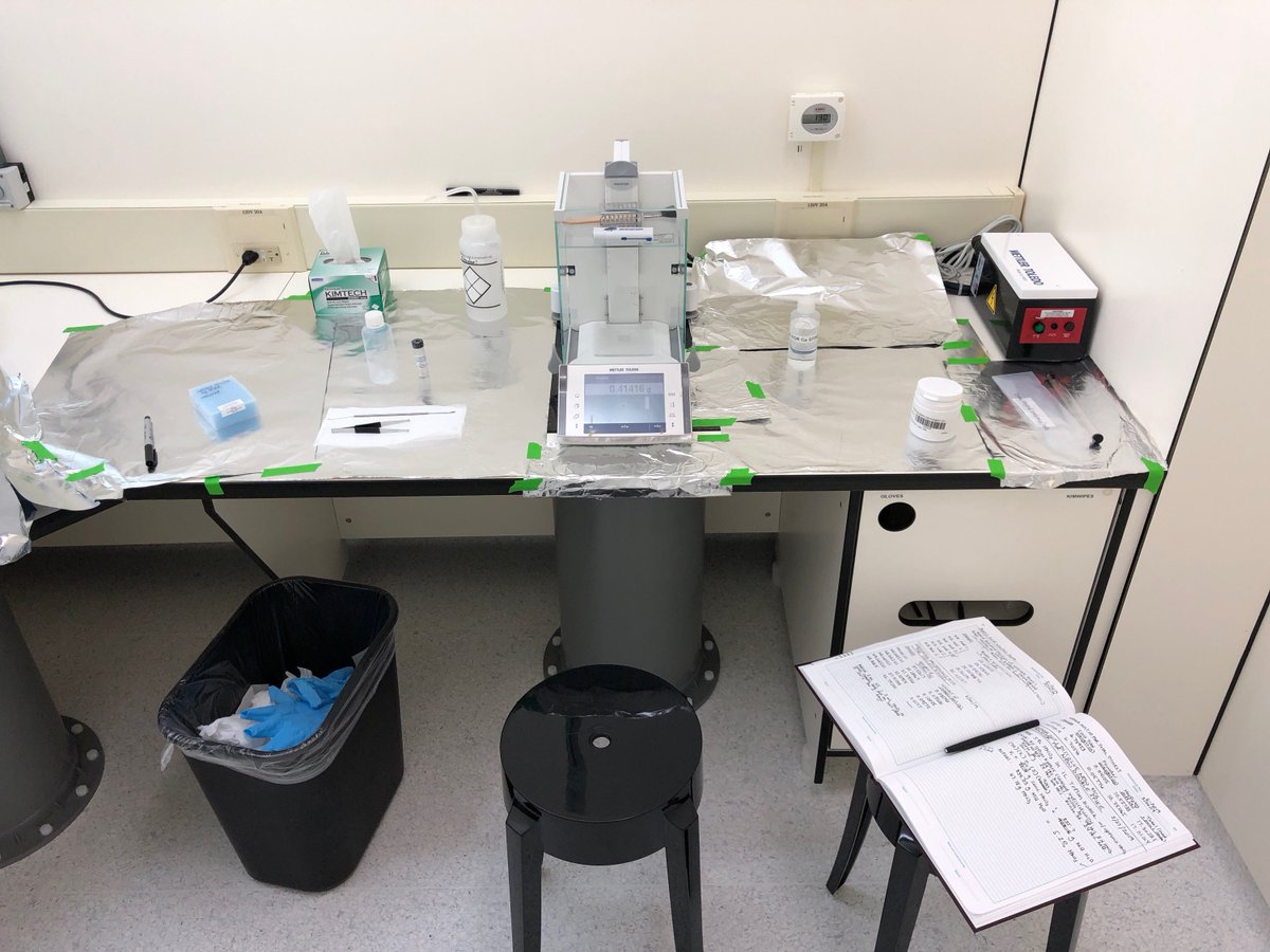 meagabun's tweet image. My set-up to weigh out and dissolve our new enriched 43Ca spike, i.e., weighing very small amounts of powder worth very large amounts of money. #lablife #cleanlab #isotopes