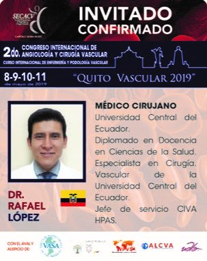 SECACV's tweet photo. QUITO VASCULAR 2019
MODULO: ACCESOS VASCULARES
PROFESORES CONFIRMADOS!
Hotel JW Marriot, del 8 al 11 de mayo de 2019
Los esperamos!! https://t.co/aApw9lznVv