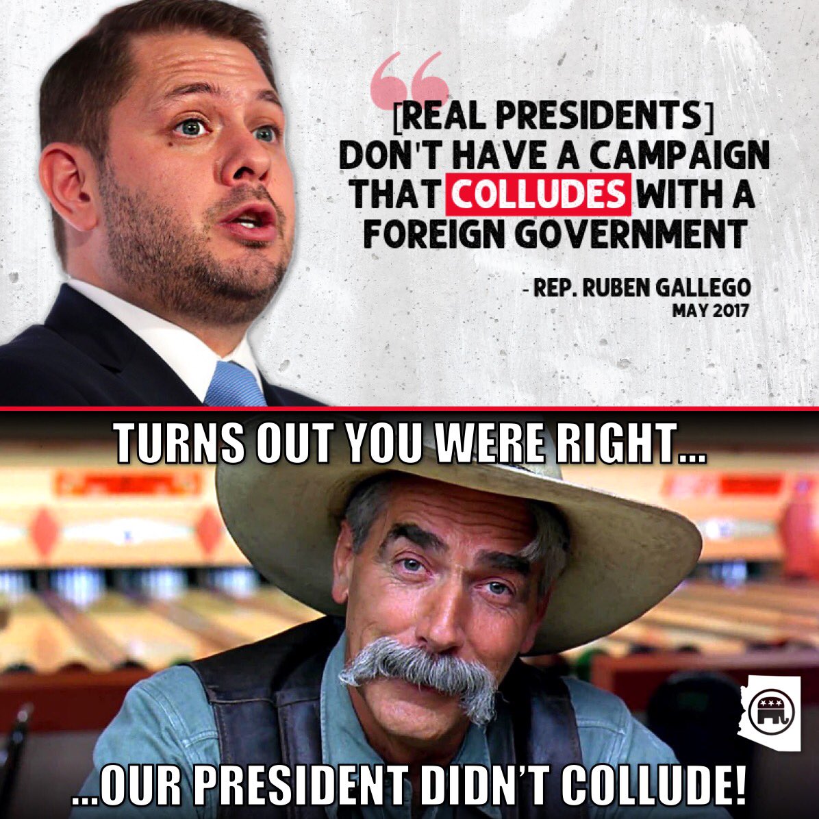 AZGOP's tweet photo. Will @RepRubenGallego finally apologize for pushing the Russia collusion conspiracy theory??

...Arizonans are waiting, Ruben. https://t.co/9cBoBtdNrl