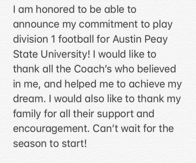 SamWiesbrook's tweet photo. Thanks again for the opportunity @CoachFrazier92 #GoGovs #Letsgopeay https://t.co/tPP0dJ6IKc