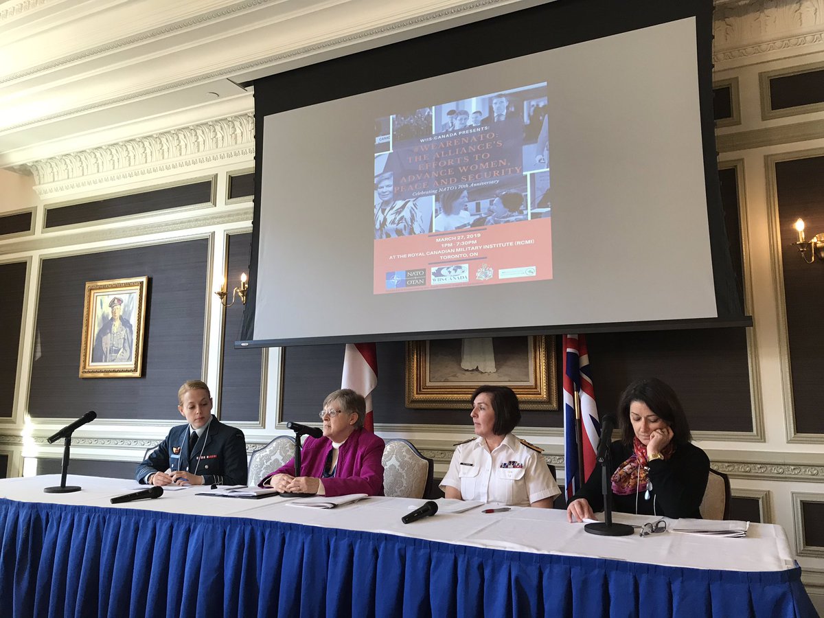 NATOCanada's tweet photo. Women In International Security @WIISCanada has started the #WIISC70NATO conference with a roundtable on the participation of women in the Alliance with @NATOCanada‘s Julia Lindhout, Commodore Rebecca Patterson, LCol Rhea McLean & Dr. Grace Scoppio. #NATO70 #WeAreNATO https://t.co/RDyb849ZsK