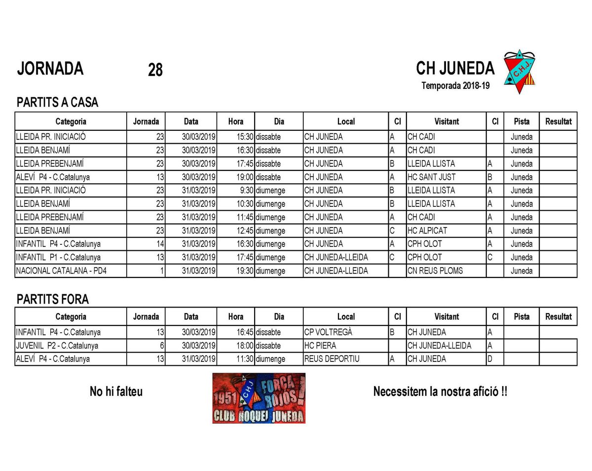 Partits del cap de setmana del <a href="/CHJuneda/">Club Hoquei Juneda</a>