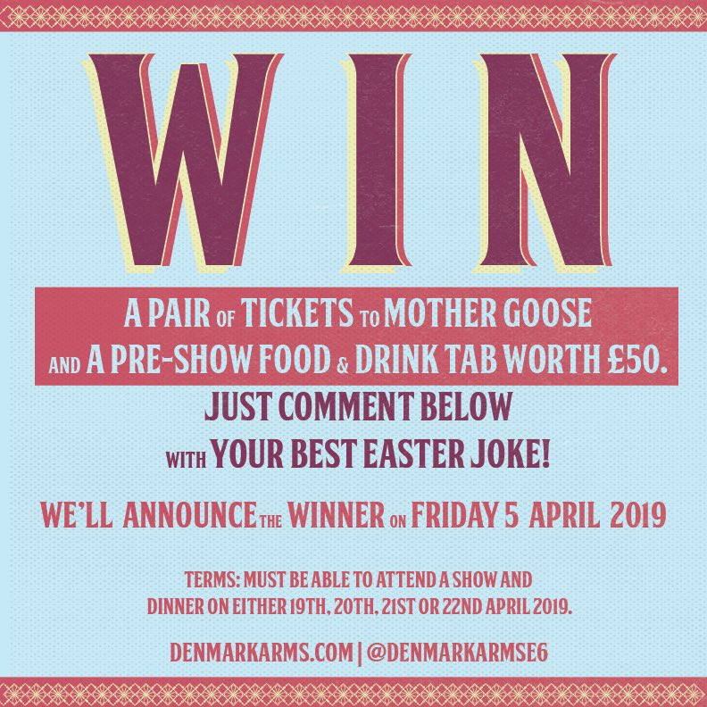 🎉COMPETITION TIME🎉 

🍷To celebrate #WorldTheatreDay we’re giving away a pair of tickets to <a href="/PetitePantos/">Petite Pantos</a> #MotherGooseEasterEggstravaganza and a pre-show dinner for two!

🎭Want to enter? Just RT this tweet and comment below with your best #Easter joke! 

#competition #eastham
