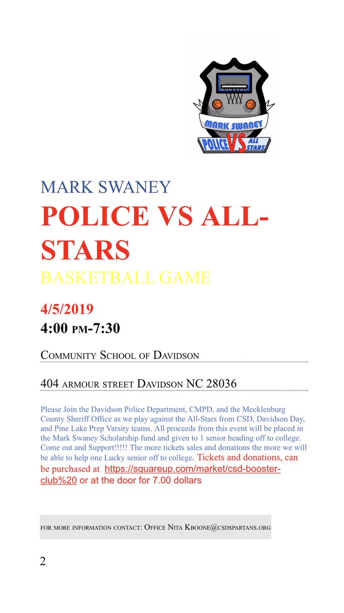 SpartyPartyCSD's tweet photo. POLICE Vs ALL-STARS basketball game 
April 5, 2019
4:00 pm-7:30
@ Community School of Davidson HS
Please Join the Davidson Police Department, CMPD, and the Mecklenburg County Sheriff Office as the play against the CSD, Pine Lake Prep, and Davidson Day All-Stars!
More details⬇️ https://t.co/8JtGCAFZHr