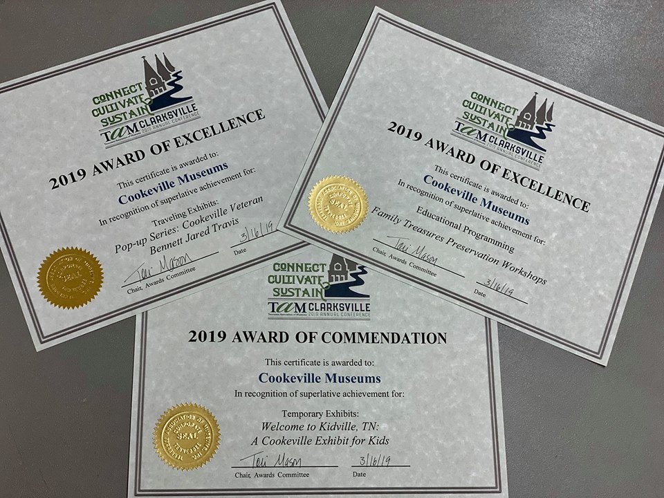 CookevilleLS's tweet photo. We already know our #CookevilleHistoryMuseum is excellent, but here are three more Tennessee Association of Museums awards to prove it. #cookeville #cookevilletn #ckvlcool #leisureservices #makingthegoodlifebetter https://t.co/Pvj3Hmk9Dj