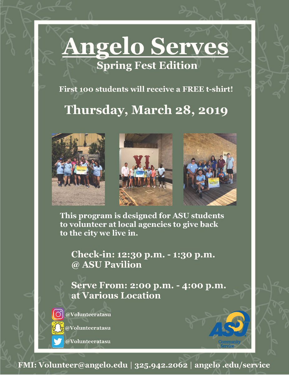 Angelo Serves Spring Fest is tomorrow! What a wonderful opportunity to serve the San Angelo community alongside your peers! Come out and have a great time volunteering! #angelostate #angeloservesSF #ramfam #serveexploreexperience 🐏