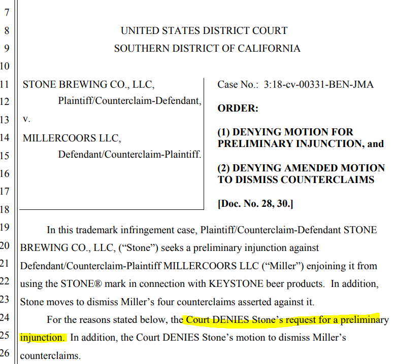 Brendan Palfreyman Esq. (@b_palfreyman) on Twitter photo Major update in <a href="/StoneBrewing/">Stone Brewing</a> v. <a href="/MillerCoors/">Follow us @MolsonCoors!</a> over Keystone Light branding.
The Court denied Stone's motion for a preliminary injunction that would've prevented MillerCoors from using Keystone's current packaging during the trial.
Short thread follows... Major update in <a href="/StoneBrewing/">Stone Brewing</a> v. <a href="/MillerCoors/">Follow us @MolsonCoors!</a> over Keystone Light branding.
The Court denied Stone's motion for a preliminary injunction that would've prevented MillerCoors from using Keystone's current packaging during the trial.
Short thread follows...