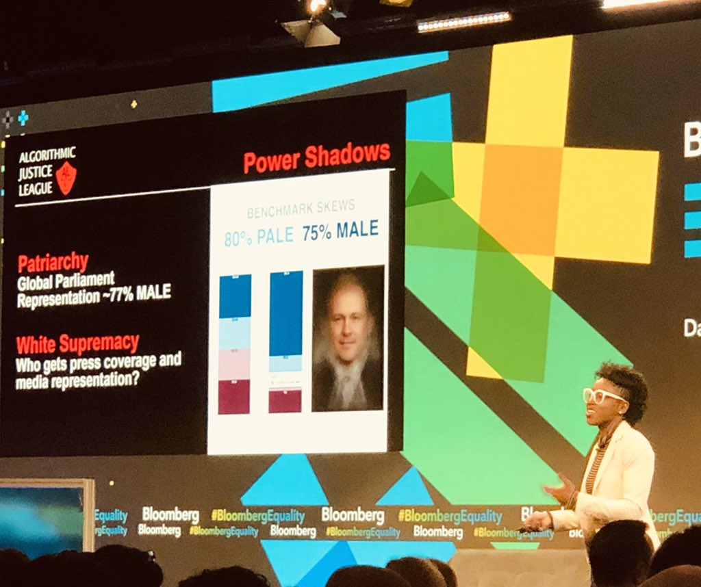 lisarock99's tweet photo. Joy from Algorithmic Justice League sharing data on AI and poor facial recognition across gender and skin color.  Most scientific studies done with young white university students. Skews everything. https://t.co/K8AE8r7YuU