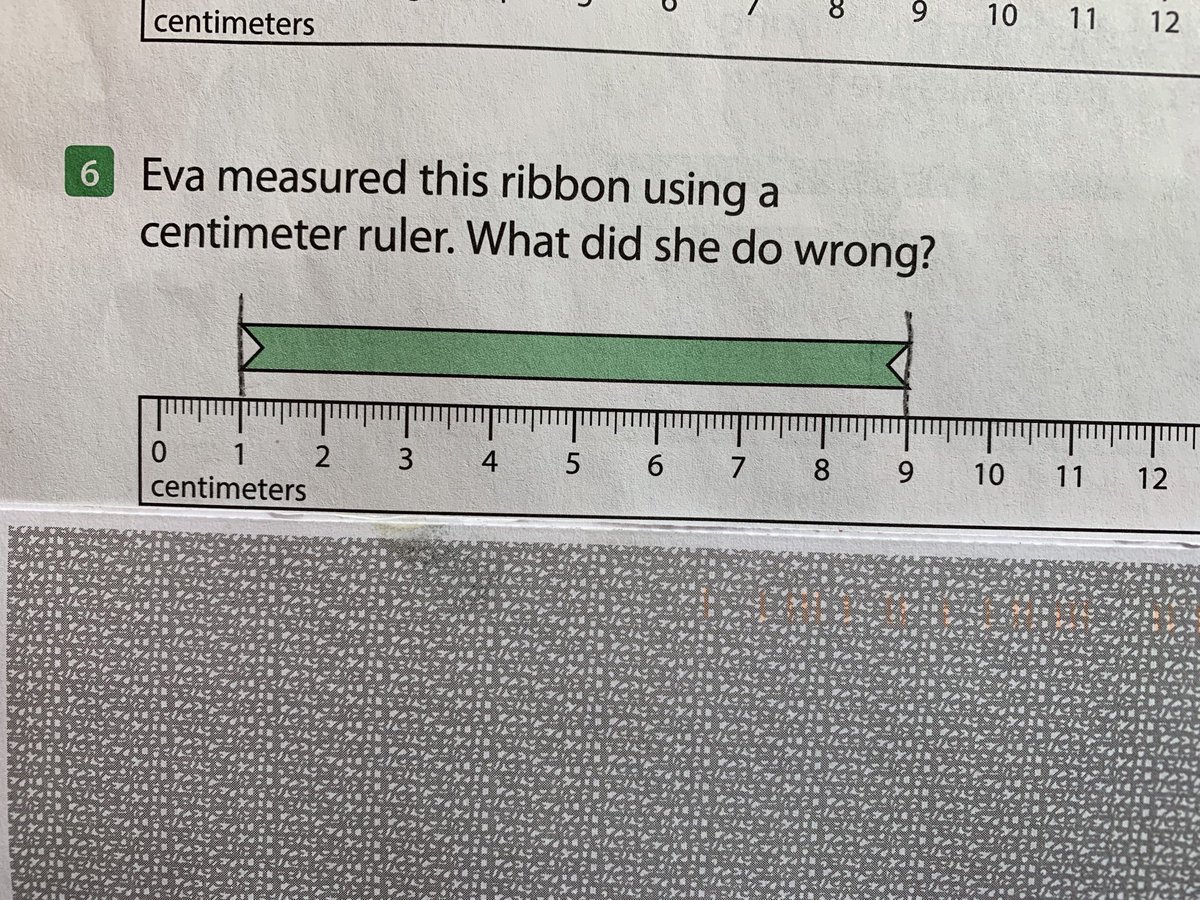 Dear <a href="/CurriculumAssoc/">Curriculum Associates</a> : Eva did NOTHING WRONG.  Instead, why not ask Ss how they can determine the ribbon’s length given Eva’s setup? Or perhaps draw 2 other possible setups?  #IncreaseDOKLevel #EncourageMultipleRepresentations #MTBoS #ITeachMath