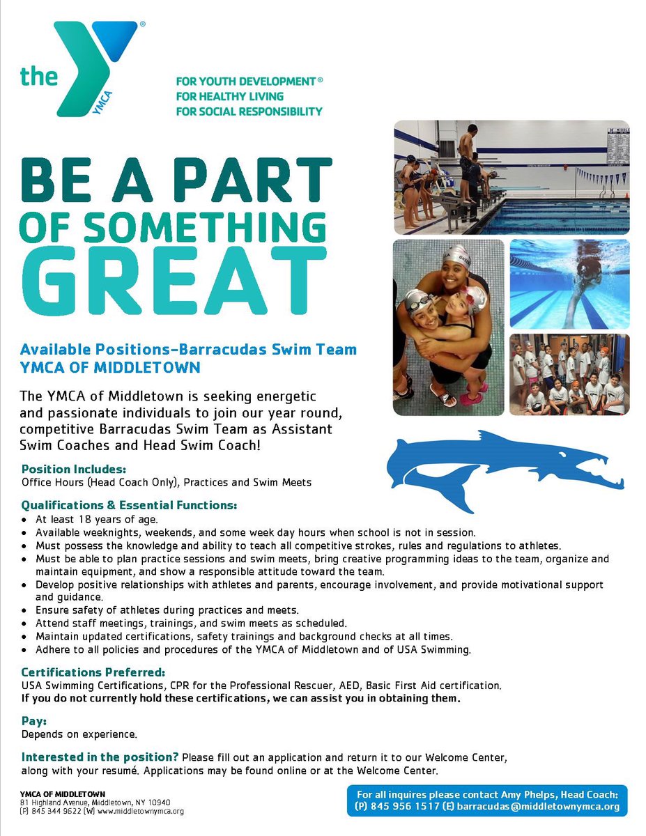 INSPIRE, LEAD, COACH! Our #YMCABarracudaSwimTeam has open #coaching positions. 

For more information contact: Amy Phelps (P) 845 956 1517 (E) aphelps@middletownymca.org