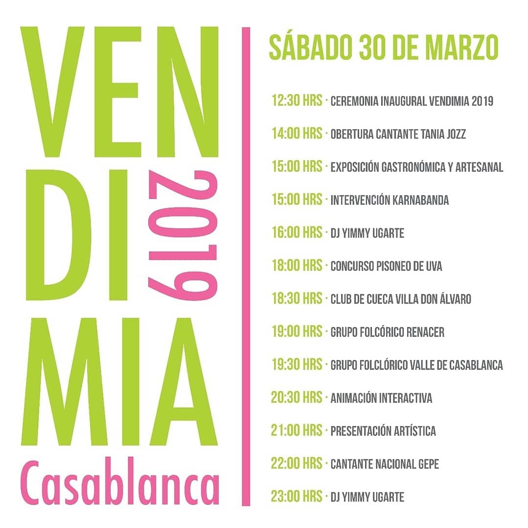 ValleCasablanca's tweet photo. ¡Este fin de semana viviremos otra increíble #vendimiacasablanca19! Te esperamos en el Estadio Municipal de Casablanca, con la mejor energía para disfrutar de los mejores vinos de clima frío 🍷😍 #valledecasablanca #premiumcoolvalley https://t.co/zZkvWXTz9A