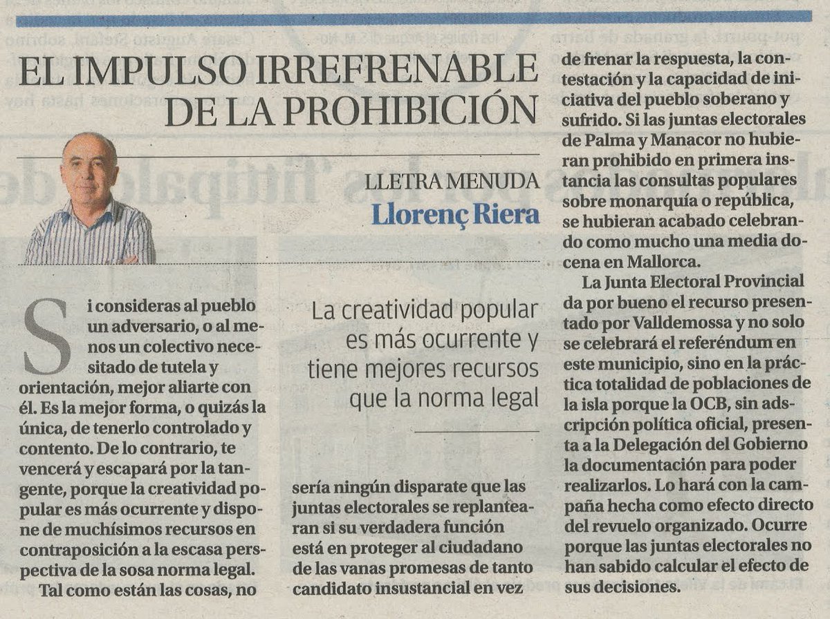 AlternativaArta's tweet photo. @valldemossa_vqv @ainacomasdelgad @ReferendumUib @alternativa_per @ateneuesporles @ArtaOcb @IndependentArta @margasoli @arabalears @enricb @ocbcat @mariafust @RadioArta107_9 @revistabellpuig @rosacursach @margalidacap @tonialorda @SERmallorca @MarinaWillrain *
Miram de recollir i amplificar el ressò en notícies i opinions sobre la #ConsultaMR i el #ReferèndumRepública que han de tenir lloc properament a Mallorca.
Avui en base a la de #Valldemossa hi ha hagut a @diariomallorca això: https://t.co/AYKUdXiCWK