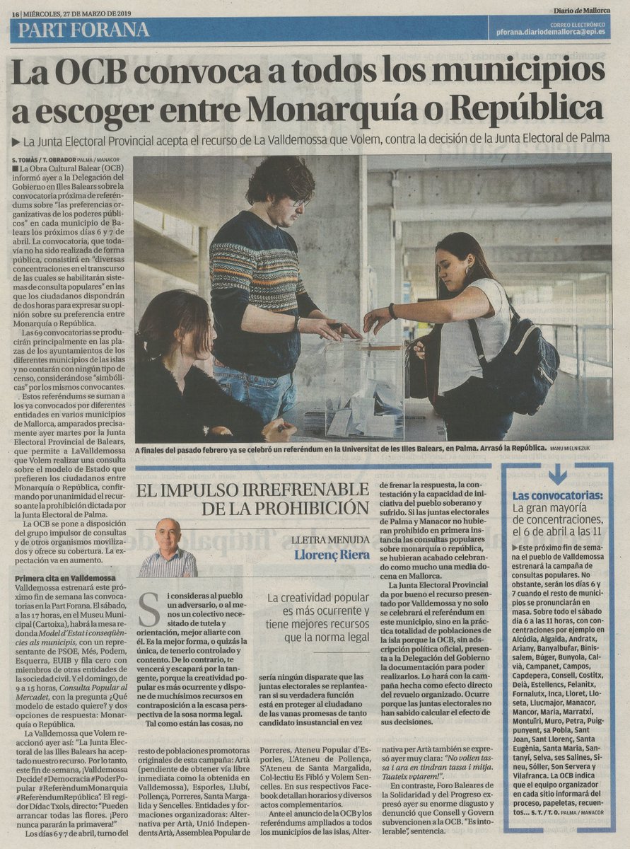AlternativaArta's tweet photo. @valldemossa_vqv @ainacomasdelgad @ReferendumUib @alternativa_per @ateneuesporles @ArtaOcb @IndependentArta @margasoli @arabalears @enricb @ocbcat @mariafust @RadioArta107_9 @revistabellpuig @rosacursach @margalidacap @tonialorda @SERmallorca @MarinaWillrain *
Miram de recollir i amplificar el ressò en notícies i opinions sobre la #ConsultaMR i el #ReferèndumRepública que han de tenir lloc properament a Mallorca.
Avui en base a la de #Valldemossa hi ha hagut a @diariomallorca això: https://t.co/AYKUdXiCWK