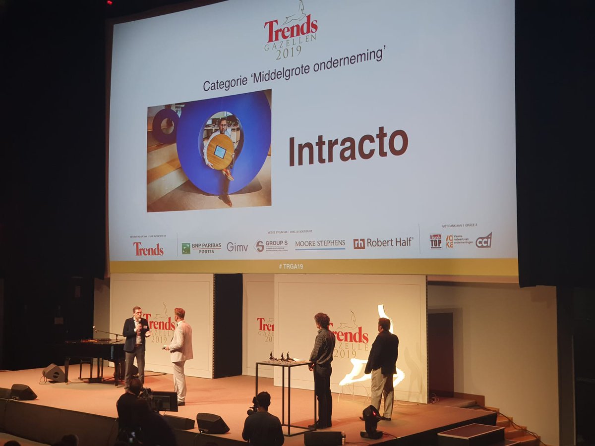 Intracto's tweet photo. Wow. 
Wat een eer!

We werden zonet verkozen tot Trends Gazelle nationaal!

Dank aan iedereen die dit mee mogelijk gemaakt heeft!
#TRGA19 https://t.co/jbLJLm8sxq