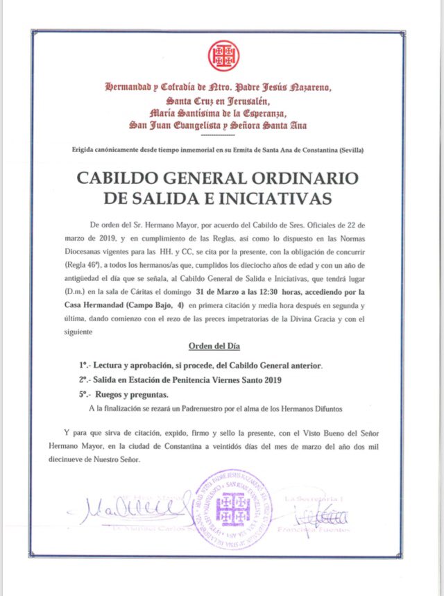 NtroJesus's tweet photo. 📣 CABILDO GENERAL ORDINARIO DE SALIDA E INICIATIVAS

📅 Domingo 31/03/19

⏰ 12:30h 

📍Sala de Caritas (acceso por casa hermandad) https://t.co/2Ce5p3fxh1